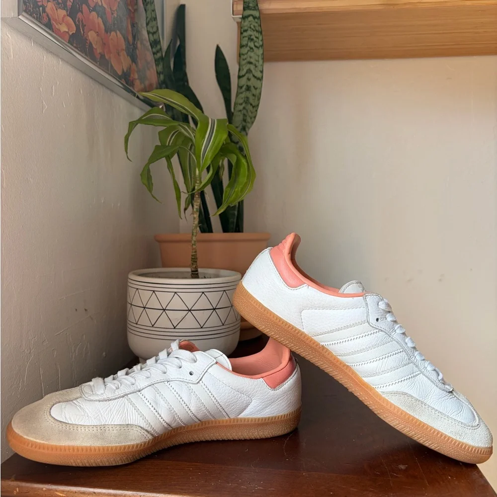 adidas Samba White with Coral/Pale Pink Stripes and Gum Sole - Picture 7 of 9